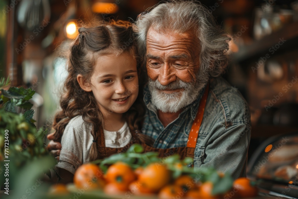 An elderly man with a white beard smiles lovingly at a young girl beside him in a cozy setting with orange tones and soft lighting An elderly man with a white beard smiles lovingly at a young girl beside him in a cozy setting with orange tones and soft lighting
