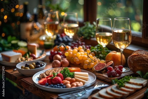 A decadent spread of cheese, fruits, and bread complemented by glasses of wine