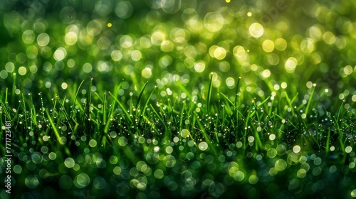  A close-up photo captures lush green grass dotted with drops of water, while the backdrop softly blurs