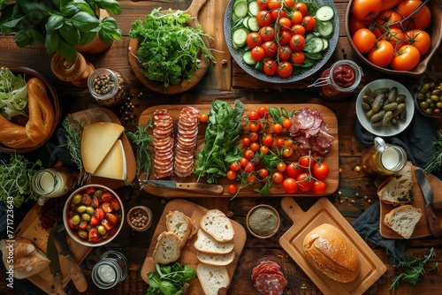 An inviting display of Mediterranean cuisine with vegetables, meats, and bread, laid out for a feast
