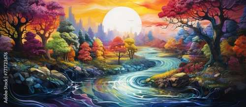 A beautiful painting capturing the watercourse of a river running through a lush ecoregion forest at sunset. The sky is painted with warm sunlight, creating a stunning natural landscape photo