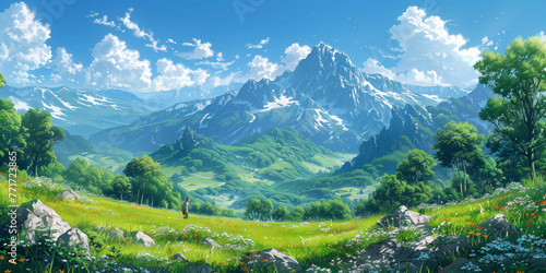 Japanese or fantasy eastern landscape. Spring summer autumn. Beautiful natural mountain place. Panorama background. Digital painting. Poster, invitation, flyer, banner, header. Generative Ai content