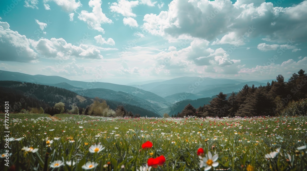  A beautiful image of a flower field and mountains in the distance