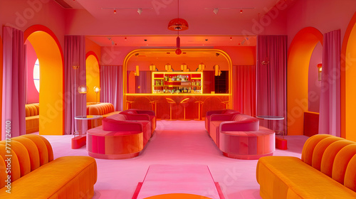 An immaculate room punctuated by bursts of vivid oranges and pinks, infusing the space with a sense of lively dynamism