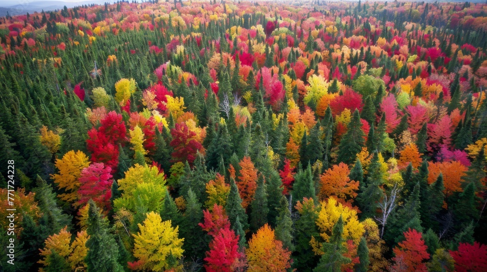  A lush forest, brimming with diverse tree species exhibiting an array of vibrant leaves- red, yellow, green, and orange