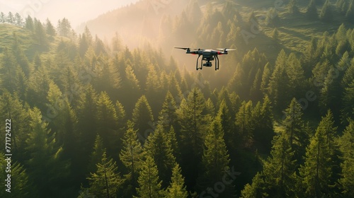Drone captures stunning nature views. DJI drone flying over forest. Military reconnaissance drone. photo