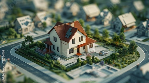 Miniature suburban house model in detailed neighborhood - An intricate miniature representation of a suburban house in an established neighborhood, emphasizing architectural design and urban planning