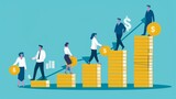 Professionals climbing a financial success ladder - Illustration of business people ascending stacks of coins symbolizing growth, achievement, and success in the financial field