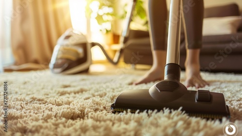 Woman cleaning carpet with modern vacuum - A daily scene capturing a person cleaning the living room carpet with a sleek vacuum cleaner photo