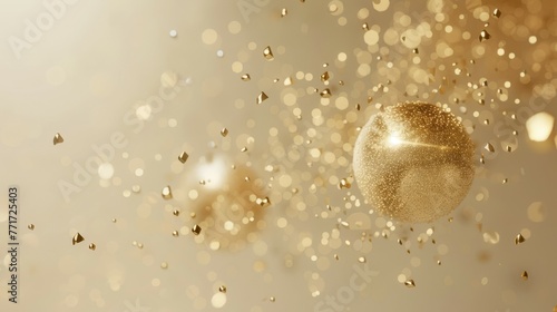 A gold ball is soaring gracefully through the air against a background filled with sparkling glitter. The shimmering circle reflects the festive atmosphere of the holiday season