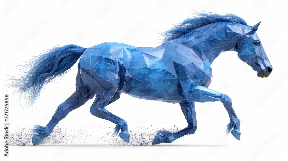 A blue equine gallops in a low-poly style against a white backdrop A blue equine gallops in a low-poly style against a white backdrop