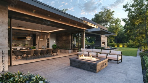 Modern covered patio with fire pit, seating area, dining area, and landscaping in 3D design and render