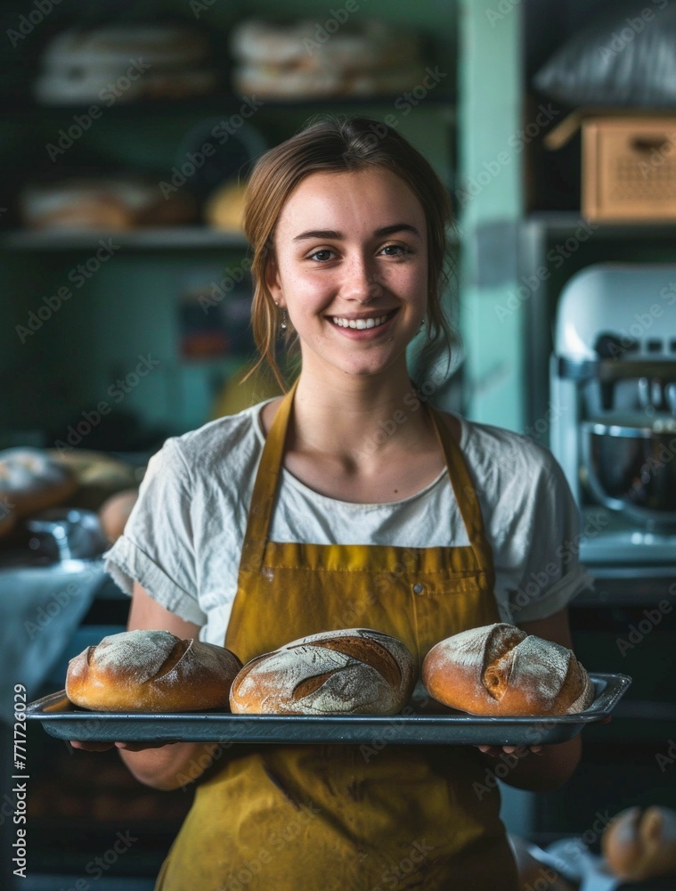 Young Baker with Fresh Bread Selection. Generative ai