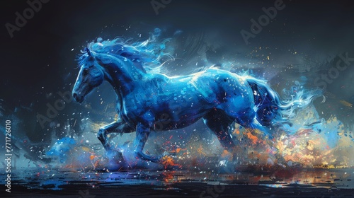  A blue horse painting in water, surrounded by splashes © Anna