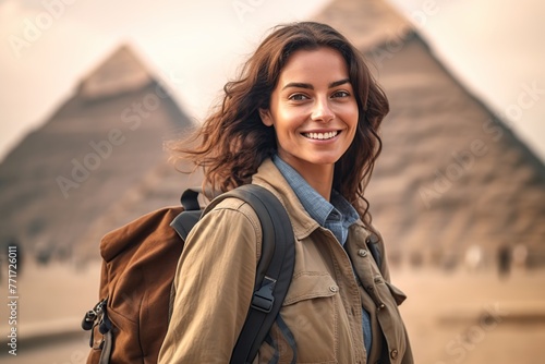 Smiling brunette woman with backpack traveling in Egypt.