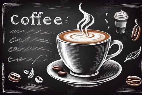 A cup of coffee an the black board.