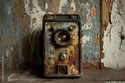 : A vintage Polaroid camera, with a contrasting flash cube against a worn, textured body,