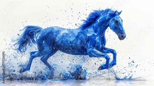  A majestic blue equine galloping through water  creating ripples on its back and legs