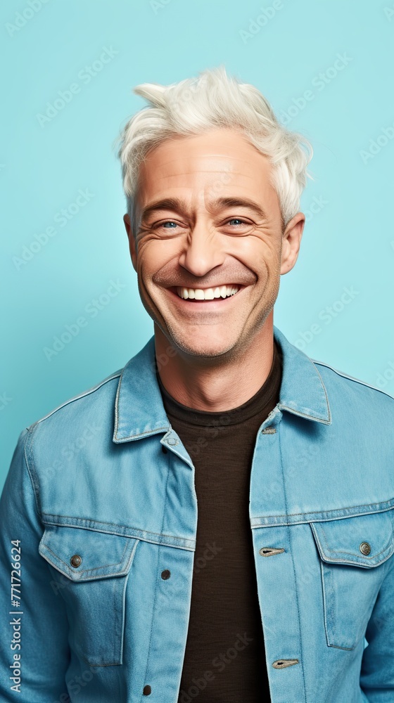 Confident smiling adult man with gray hair looking at camera on light blue background. Confident smiling adult man with gray hair looking at camera on light blue background.