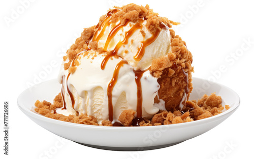 A white bowl overflowing with creamy vanilla ice cream and a generous drizzle of rich caramel sauce