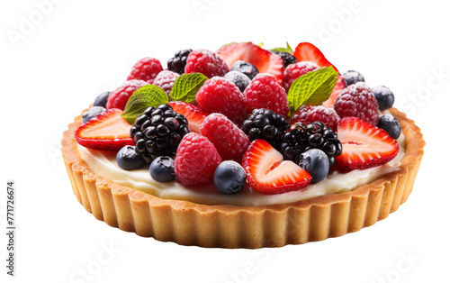 A delectable tart adorned with an array of vibrant berries and blueberries