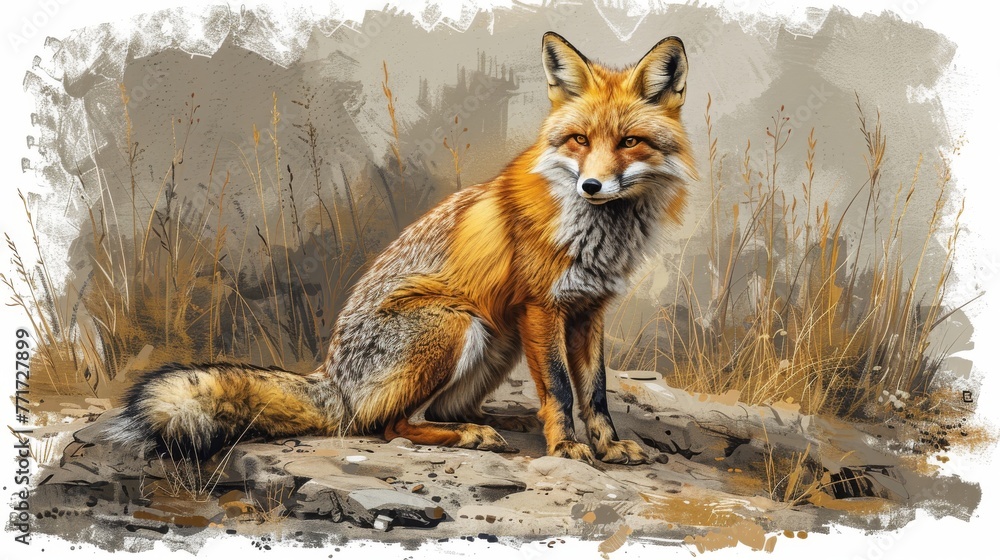  Red fox, atop rock, amidst field of tall, dried grass