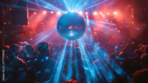 Vibrant Disco Night Scene with Shining Mirror Ball, Energetic Crowd and Colorful Stage Lights. Perfect for Party Flyers. Exciting Nightlife Event Capture. AI