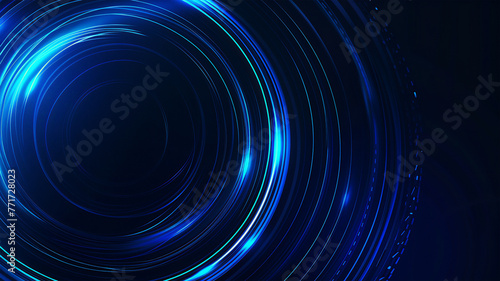 Glowing circular lines on dark blue background: Geometric art. Futuristic technological concept. Poster, cover, banner.