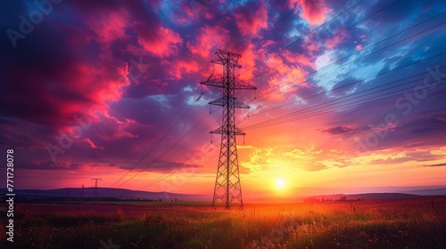 Electricity Pylon Against a Vibrant Sunset in a Serene Landscape