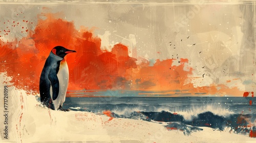  A penguin stands on a beach by water  beneath a red sky