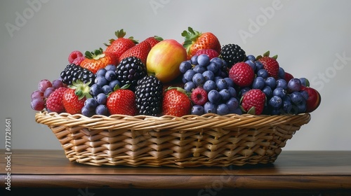  Wicker basket with diverse fruits on wooden table near white wall