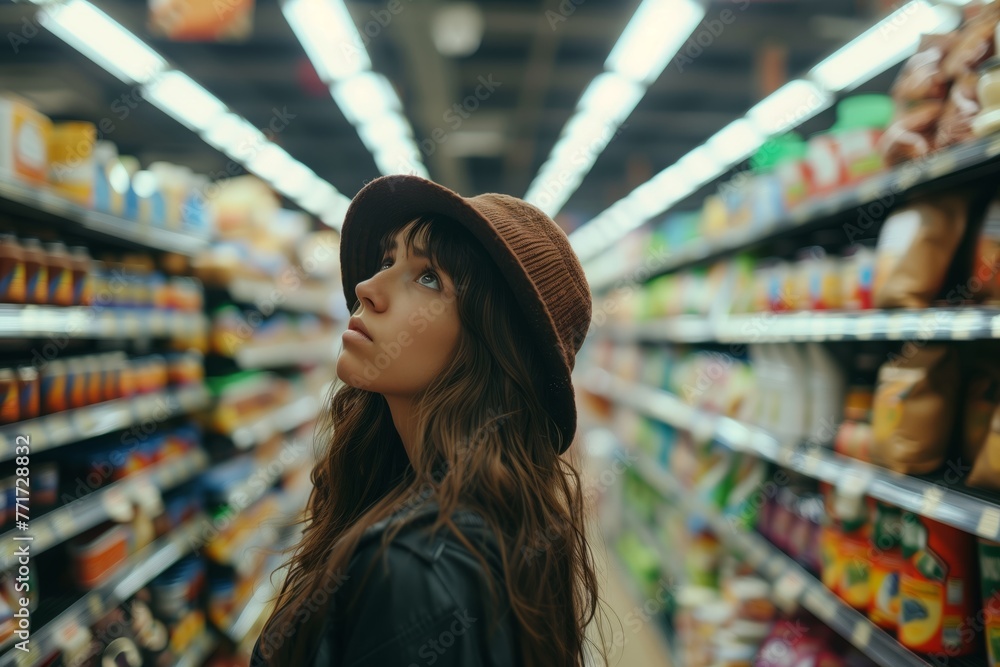 Woman carefully comparing product ingredients on food labels while shopping in a supermarket.