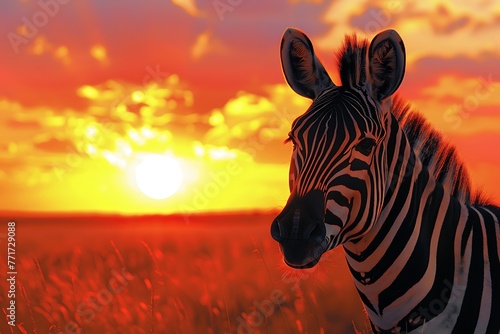 : A zebra standing in front of a sunset with high contrast between the light and dark areas
