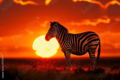   A zebra standing in front of a sunset with high contrast between the light and dark areas
