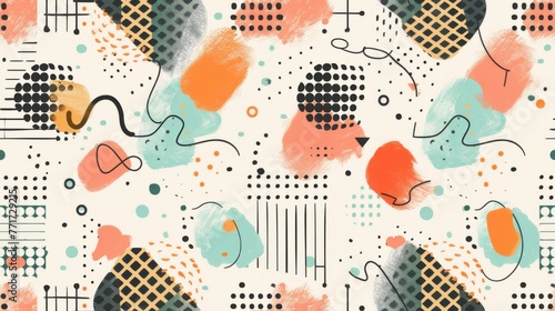  A vivid abstract design featuring dots and lines on a pure white canvas with hues of orange, blue, green, and black