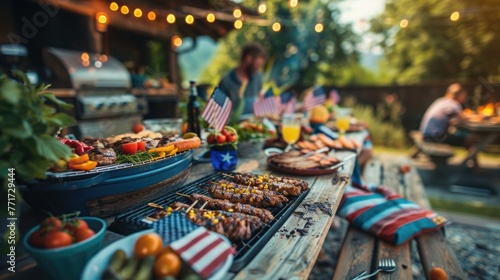 A backyard barbecue party celebrating the 4th of July, with friends and family enjoying grilled foods, American flags, and decorations in red, white, and blue photo