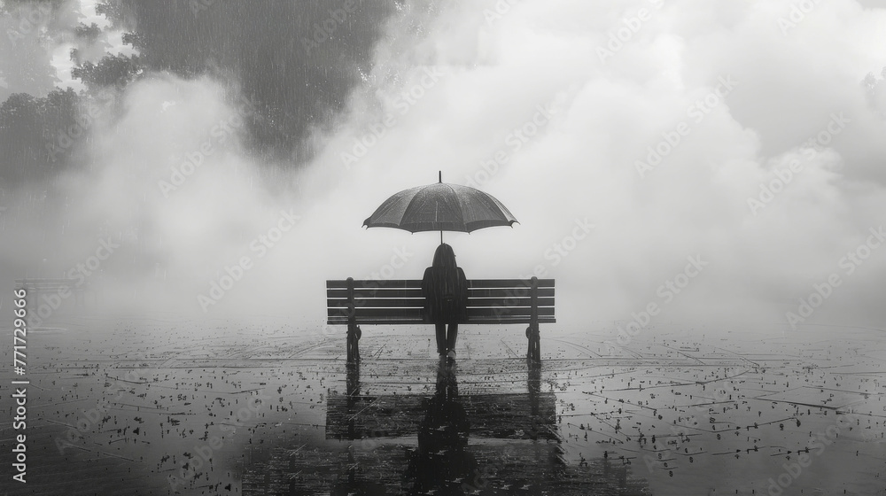  Person sitting on bench under umbrella in foggy sky - obrazy, fototapety, plakaty 