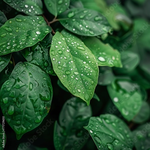 Fresh Green Leaves Covered in Water Droplets
