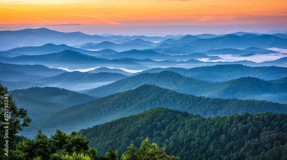 A stunning image of mountains against a sunset sky, featuring trees in the foreground and fluffy clouds above A stunning image of mountains against a sunset sky, featuring trees in the foreground and fluffy clouds above