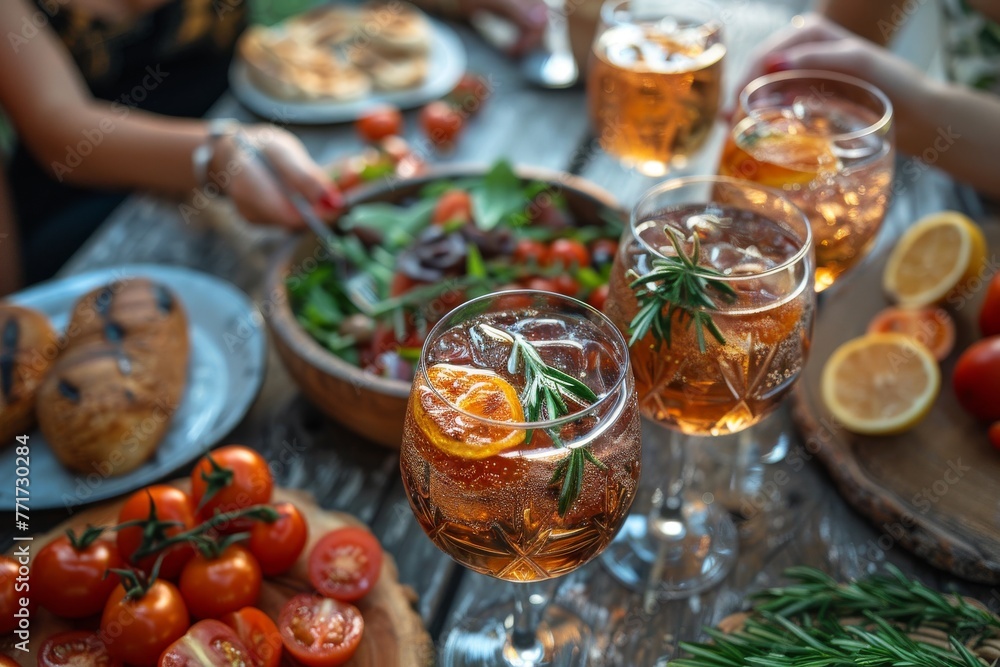 An inviting image showcasing perfectly garnished drinks amidst a bountiful table, inviting a feeling of celebration and togetherness