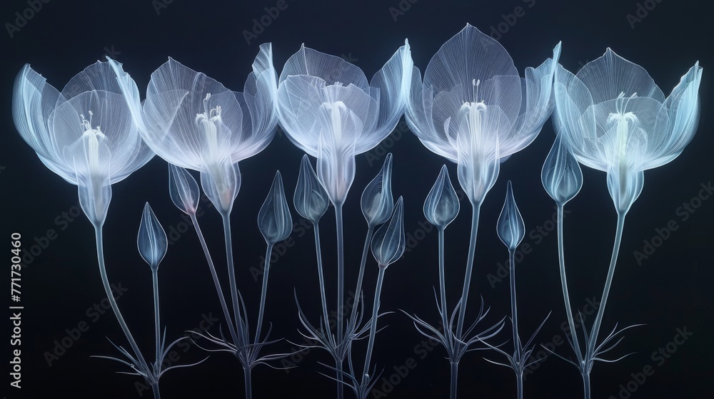  A cluster of white blossoms resting on a dark canvas against an abyssal backdrop - obrazy, fototapety, plakaty 