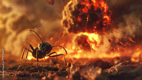 Close-up of black ant, foregrounded against mushroom cloud from nuclear blast, emphasizing contrast between tiny insect and catastrophic event in the background. © Yuriy Maslov