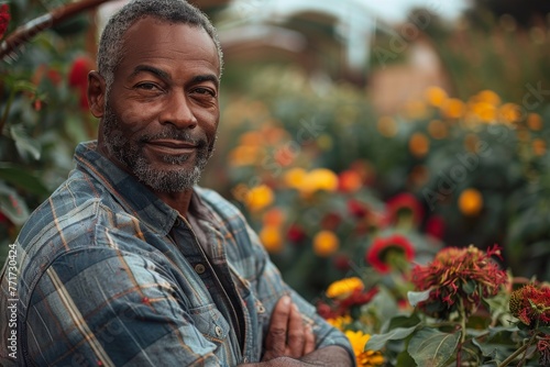 Portrait of a mature, confident man standing amidst vibrant flowers