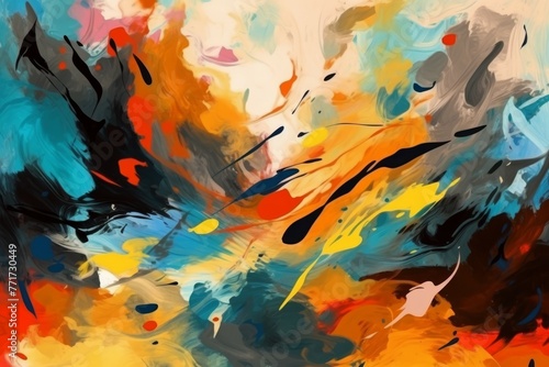 Vibrant abstract painting displayed on a wall  showcasing a colorful and dynamic composition that captures the essence of creativity and artistic expression