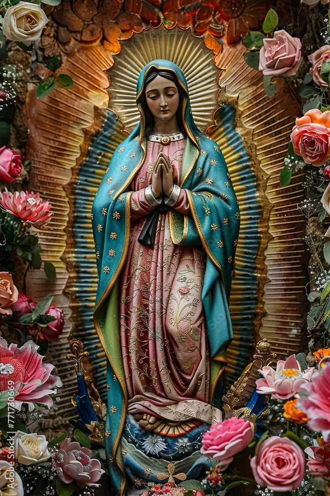 Statue of the Virgin Mary Surrounded by Flowers