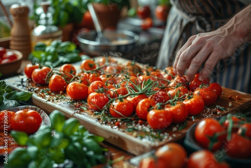An expert chef in a striped apron is sprinkling spices over fresh, ripe tomatoes on a wooden board photo