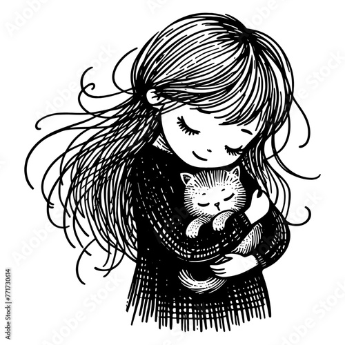cute girl cuddles a cat sketch