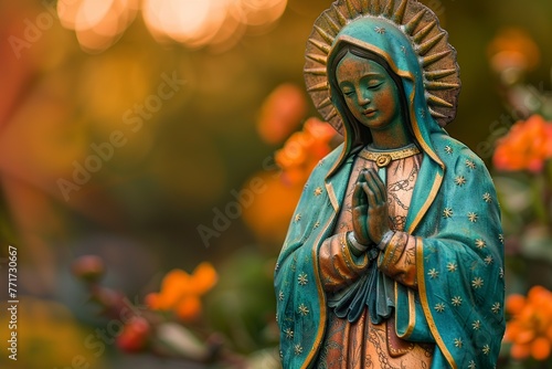 Statue of the Virgin Mary Surrounded by Flowers