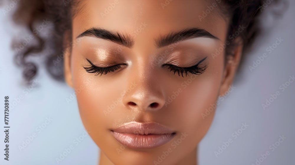 Fototapeta premium Serene Beauty: Close-up of a Young Woman with Perfect Skin. Ethereal and Natural, Ideal for Beauty Concepts. Tranquil and Stylish Portrait. AI