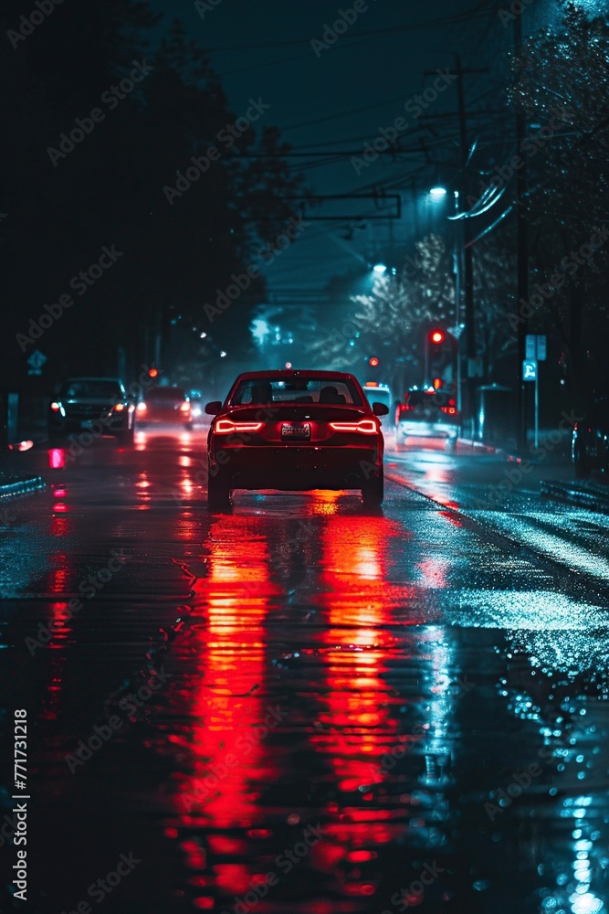 Red Car Driving Down Rain-Soaked Street at Night Red Car Driving Down Rain-Soaked Street at Night